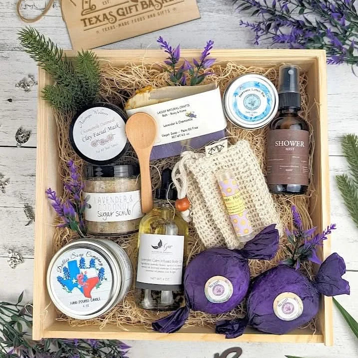 Lavender spa and wellness gifts arranged in a wooden presentation tray