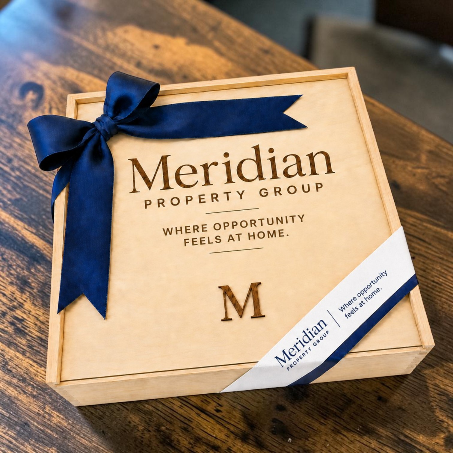 Custom wooden corporate gift box with navy ribbon and engraved branding